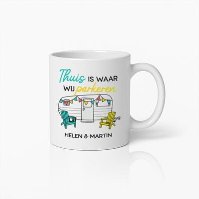 Gepersonaliseerde 330ml Camping Mok – 'Thuis is Waar Wij Parkeren' Gepersonaliseerde Koffiebeker met Namen