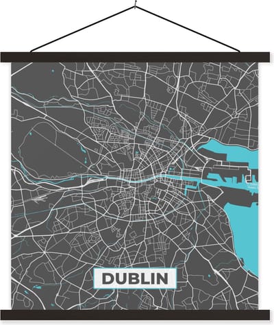 Posterhanger incl. Poster 60x60 cm - Schoolplaat - Dublin - Stadskaart - Kaart - Blauw - Plattegrond - Textielposter - Zwarte latten - Stadskaart