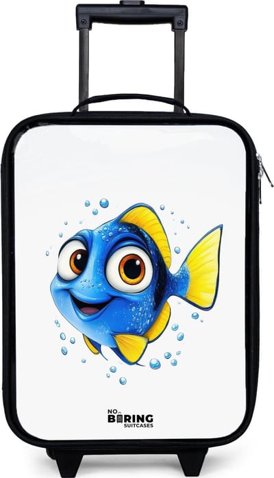 NoBoringSuitcases.com® - Kinderkoffer jongen - Kindertrolley meisje - Blauwe vis met gele vinnen en vrolijke blik - Koffer kind lichtgewicht - Reiskoffer trolley voor kinderen - Koffertje met lichtgevende wieltjes - Rolkoffer zwart