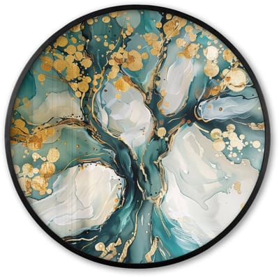 Poster in lijst Rond - Fotolijst 60x60 cm - Posters - Boom - Modern - Verflook - Turquoise - Goud - Ronde posterlijst zwart - Decoratie - Wanddecoratie woonkamer - Muurdecoratie slaapkamer