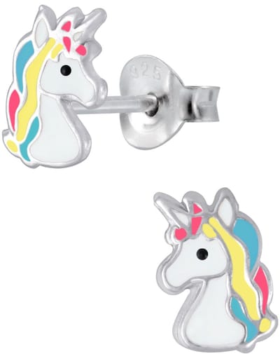 Joy|S - Zilveren eenhoorn oorbellen - 6 x 8 mm - unicorn oorknoppen - multicolor