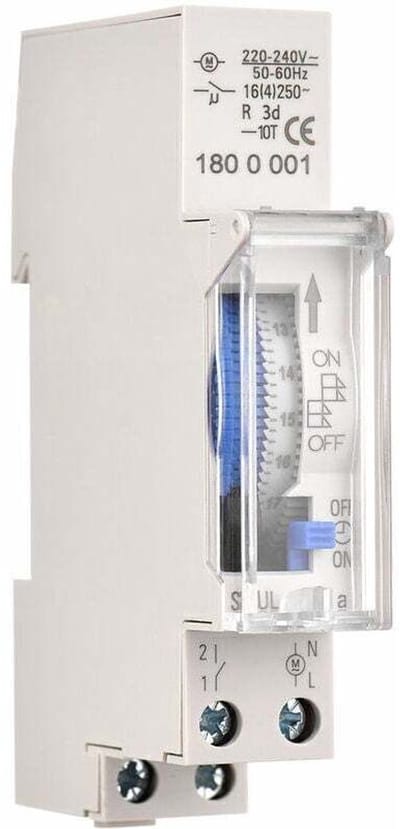 Mechanische 24-uurs timer, minimale timer van 15 minuten, DIN-railmontage, ingebouwde batterij, SUL180A AC220-240V, grijs.