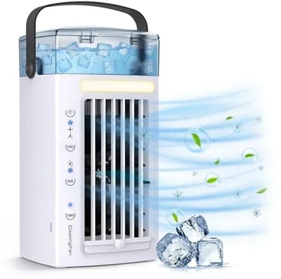 Linkforu - 3-in-1 Luchtkoeler - Luchtbevochtiger - Ventilator Tafelmodel - Watertank 480 ML - 3 Standen - 7 Kleuren LED-Nachtlamp