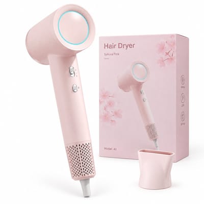 Haardroger - 1600 W en 220 V - ionisch snel drogen met laag geluidsniveau - 2 snelheden voor thuis - sakuraroze met concentratormondstuk en geschenkverpakking mogelijk