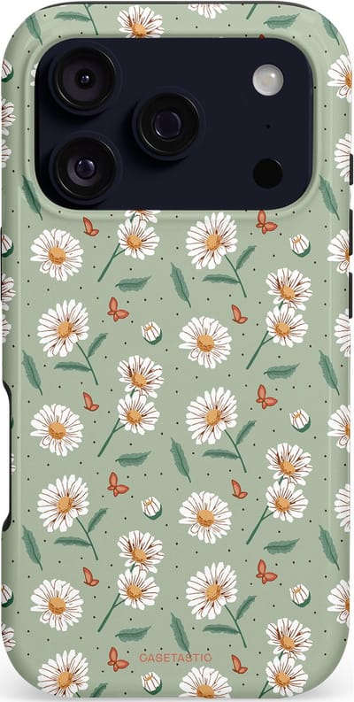 Casetastic hoesje geschikt voor Apple iPhone 17 Pro - MagSafe - Dubbellaagse bescherming - Vleugels en madeliefjes - Fashion Case - Saliegroen Lichtgrijs Wit