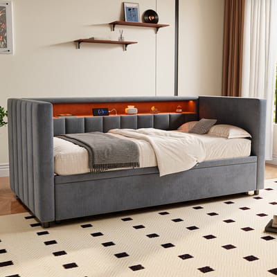 Wishdor – Slaapbank 90/180x190 cm – Uitschuifbed, led & USB-C opbergruimte – Fluweel – Donkergrijs – Jouw veelzijdige lounge met luxe details