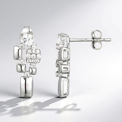 Cavill - Zilveren Oorhangers - 925 Sterling Zilver - Witte Braziliaanse Topaas 0,188 ct en Zirkon 0,221 ct - Geometrisch Design - Elegant Modern