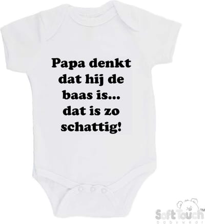 100% katoenen Romper "Papa denkt dat hij de baas is... Dat is zo schattig!" Unisex Katoen Wit/zwart Maat 62/68