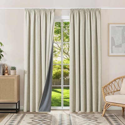 100% verduisteringsgordijnen, thermische gordijnen, koudebescherming, gordijnen met plooiband, 245 x 200 cm (h x b), set van 2, linnenlook, gordijnen, ondoorzichtig, lichtbeige