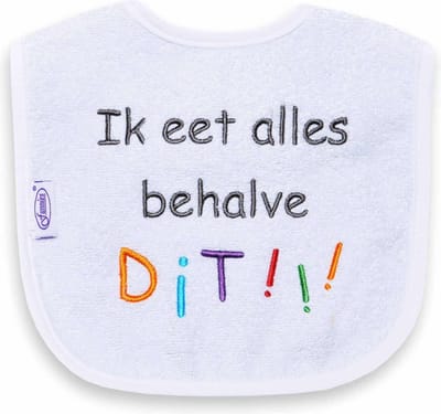 Funnies geborduurd tekst slabbetje: Ik eet alles behalve dit!