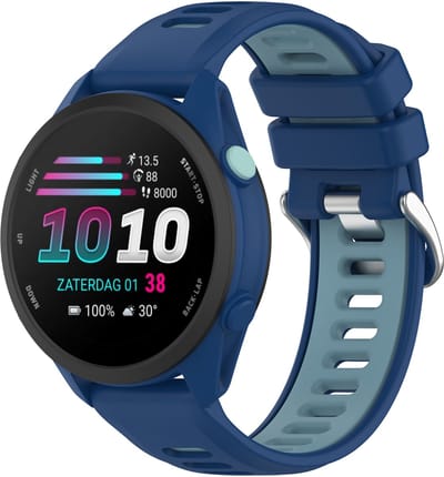 Stravo 20mm Quick Release Siliconen Sport Bandje – Geschikt voor Garmin Forerunner 70 / 170 / 55 / 165 / 245, Vivoactive 6 / 5 / 3, Venu SQ 2 en Samsung Galaxy Watch 7 / 6 / 5 / 4 – Tweekleurig Horlogebandje – Donkerblauw / Lichtblauw
