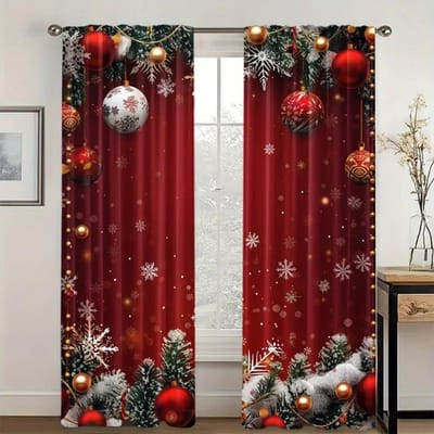 2-delige Set Rode Ballon Kerstgordijnen - Semi-Transparant, Tunnelzakontwerp, Polyester, Machinewasbaar, Perfect voor Woonkamer 2x50W130H(CM)40x51in&Grommet Top
