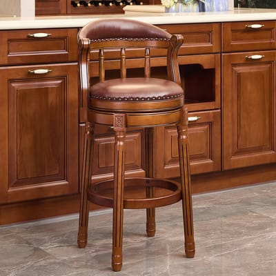 Wishdor Barkrukken - 360 Graden Draaibare Zitting En Gebogen Rugleuning - Voor Keuken Of Bar - Massief Houten Frame Met Leren Bekleding En Schuimvulling - Bruin En Ivoorwit - Zithoogte 75 Cm