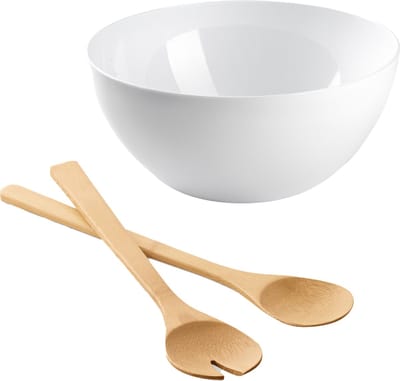 Salade/fruit serveer schaal - wit - kunststof - Dia 28 cm - met bamboe Sla couvert/bestek van 30 cm