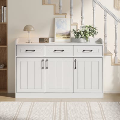 Sideboard met 3 lades en 3 deuren - 120x35x80 cm wit - Verticaal streepdesign, zwarte grepen, verstelbare planken - Draagkracht 60 kg, duurzaam spaanplaat - Geschikt voor woonkamer, eetkamer en hal