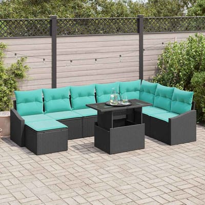 vidaXL - Bankstel - 9 - st - Zwart - en - Blauw - poly - rattan