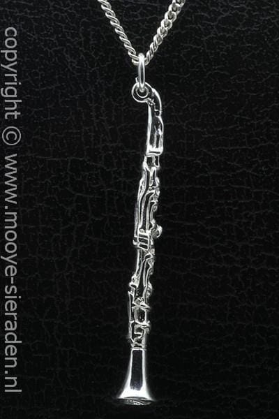 Zilveren Klarinet groot ketting hanger
