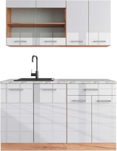 Vicco R-Line Eenpersoonskeuken – 140 cm, WB Marmer Wit hoogglans/goud power eiken