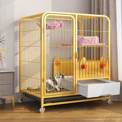 Kattenkooi Met Bak - Kattenren Wielen - Veilig Huisdier - Stabiele Constructie - 78 cm - Wit/Geel