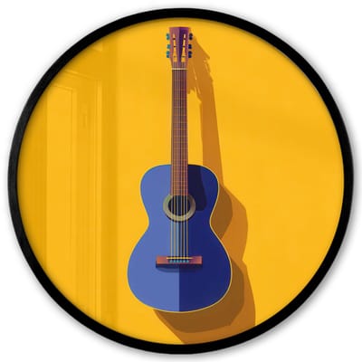 Poster in lijst Rond - Fotolijst 40x40 cm - Posters - Gitaar - Akoestisch - Minimalistisch - Geel - Ronde posterlijst zwart - Decoratie - Wanddecoratie woonkamer - Muurdecoratie slaapkamer