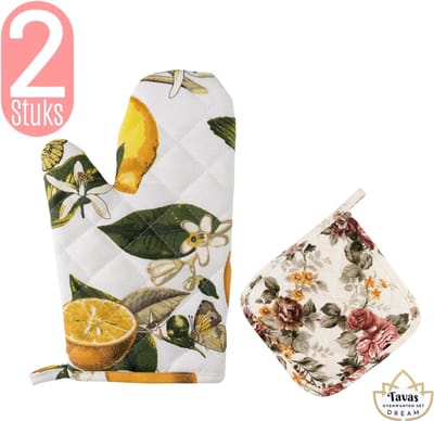 Dream Ovenwant met Pannenlap - Citroenfris Ovenwant met Rozenbloemen Pannenlap - Thermolite Hittebestendig Set van 2 | Pannenlappen en Ovenwanten Set Ovenhandschoenen
