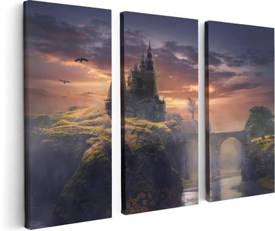 Artaza Canvas Schilderij Drieluik Oud Kasteel op een Heuvel  - 120x80 - Foto Op Canvas - Canvas Print