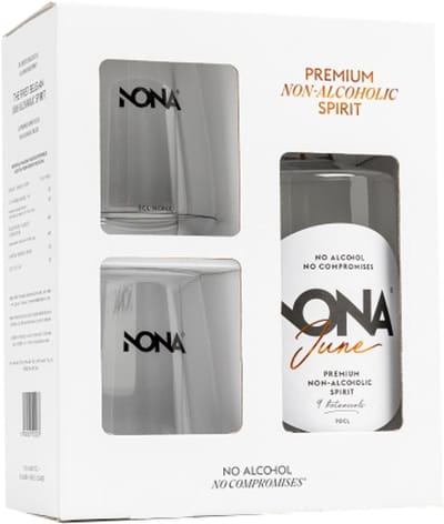 NONA June Alcoholvrije Gin 0% Geschenkdoos - 70cl + 2 Glazen - Botanische Alcoholvrije Spirit - Geschenkset Premium Alcoholvrij Drankcadeau Mixen Met Tonic Voor Alcoholvrije Cocktails - 100% Natuurlijk Laag In Suikers