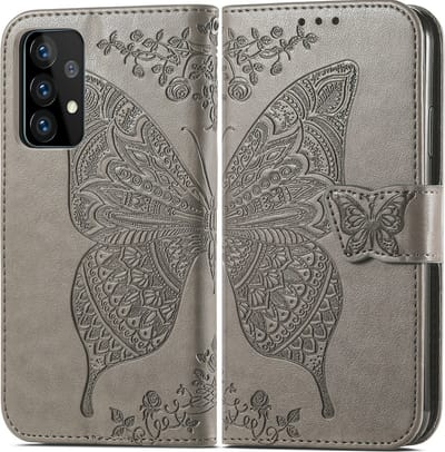 Bookcase geschikt voor Samsung Galaxy A52 - Grijs - Vlinder - Portemonnee Hoesje