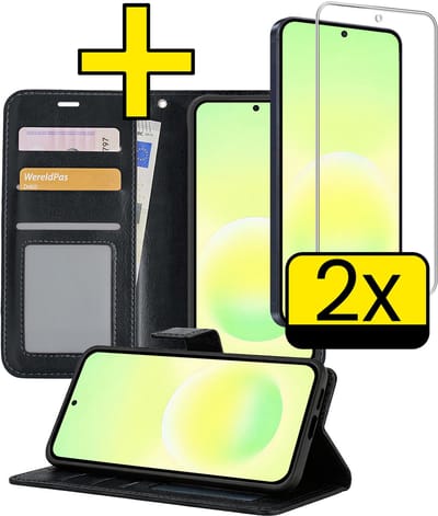 Hoesje - Met 2x Screenprotector - Geschikt voor Samsung Galaxy A57 - Luxe Pasjeshouder - Bookcase Portemonee - Flip Case - Kunstleer Book Case - Flipcase Hoes - Book Cover - Walletcase - Portemonneehoes - Telefoonhoesjes - Zwart