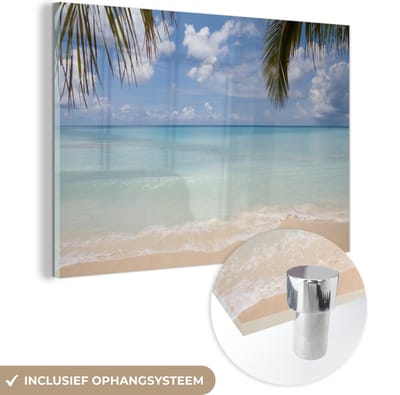 ® Glasschilderij 180x120 cm - Schilderij acrylglas - Uitzicht vanaf Grand Cayman op de heldere Caraïbische zee - Foto op glas - Muurdecoratie woonkamer - Wanddecoratie slaapkamer - Schilderijen
