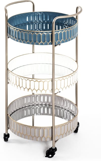 HakuShop Keukentrolley - Serveerwagen Goud, Blauw, Wit en Grijs Staal- 3 Spiegelglas bladen - 4 Soepele Wieltjes - 40 x 36 x 77