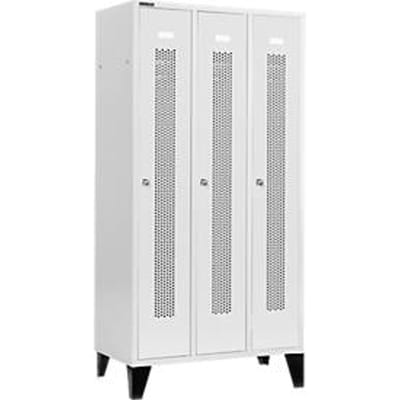 Schäfer Shop Select Kledinglocker, met geperforeerde rijen, 3 compartimenten, 300 mm, met poten, cilinderslot, deur lichtgrijs
