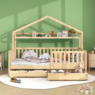Massief Houten Kinderbed 90x200 cm met Opberglades en Lattenbodem