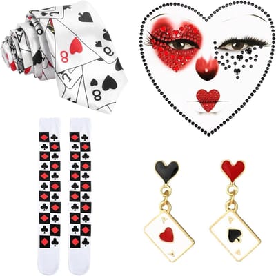 Hartkoninginnenkostuum voor dames, 4-delig met speelkaartenstropdas, overknee sokken en oorbellen, perfect voor carnaval en kostuumfeesten