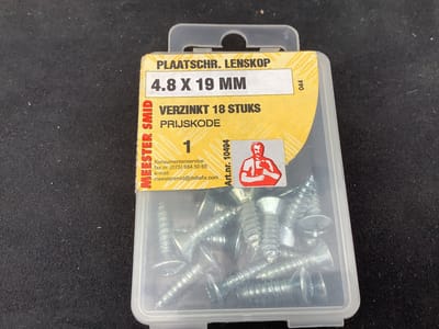 Plaat Schroeven . 4.8 x19mm. Lang. Verzinkt. Lenskop. Parker. Voor hout en metaal 18 stuks. DeltafiX meestersmid.