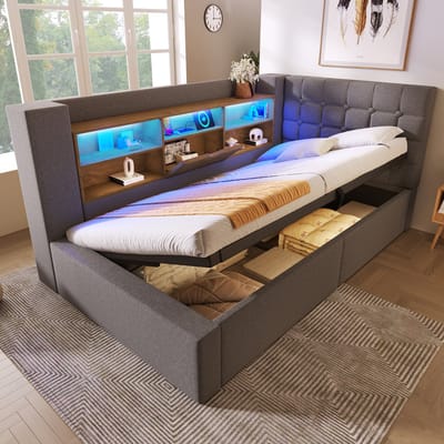 MODFU – Eenpersoonsbed met LED & Opbergruimte – 90x200 cm – L-Vormig Hoofdbord – Linnen – Grijs