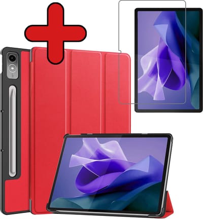 Hoesje - Geschikt voor Lenovo Tab P12 - Met Screenprotector - Trifold Bookcase Hoes - Hard Cover Case - Met Uitsparing Geschikt voor Lenovo Pen - Hardcover Book - Tablethoes - Rood