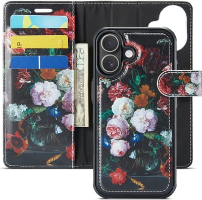 Casemania Hoesje Geschikt voor Apple iPhone 16 - Stilleven met Bloemen Print - Geschikt voor MagSafe - Kunstleer 2 in 1 Afneembare Bookcase - Magnetische Telefoonhoesje met Kunst Print en Pasjeshouder