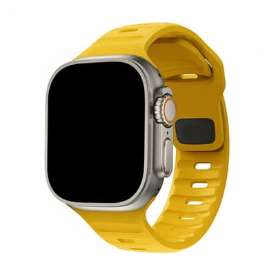 Siliconen bandje - geschikt voor Apple Watch 1/2/3/4/5/6/7/8/9/10/11/ SE (1,2,3) met maat 38 mm / 40 mm / 41 mm en 42 mm (Watch 10/11) - ribbel met druksluiting - geel