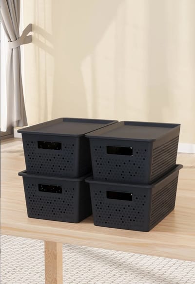 Tobeyz Seul Opbergdozen 4L – Kunststof Opbergbox | 4 Set | Optimale Ventilatie | Modulair Stapelbaar Systeem | Geïntegreerde Handgrepen | BPA-vrij Gerecycled Plastic | 27,5×18×12 cm | Antraciet