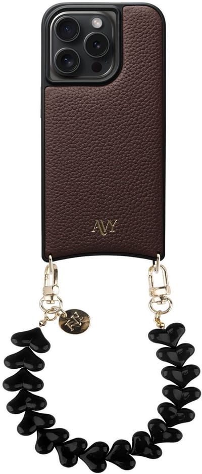 AVY Leren Hoesje geschikt voor Apple iPhone 15 Pro | Compatibel met MagSafe | Leather Back Cover met Telefoonkoord 30CM | Polsband | Bruin | Cupid Black