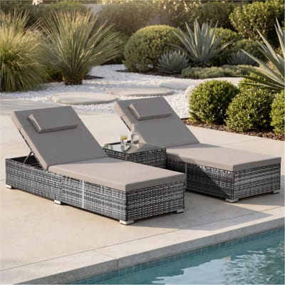 tectake® Luxe Wicker Ligbedden - Ligbed met Verstelbare Rugleuning - 2 Persoons Tuinmeubel - Tuin Ligbedden met Bijzettafel - Ligstoel - Zonnebed - Aluminium Frame - Inclusief Kussens - Grijs