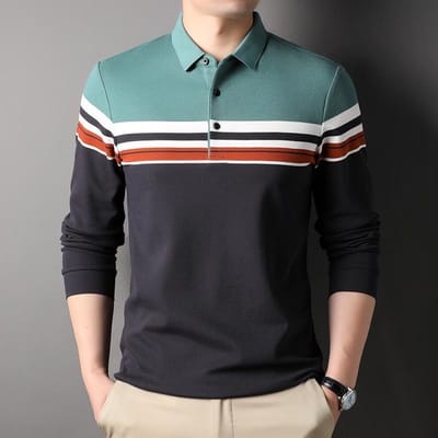 Herfst Nieuwe Heren Revers Mode Eenvoudige Kleur Poloshirt Heren Gestreept Lange Mouw Katoenen T-shirt XXXL gray