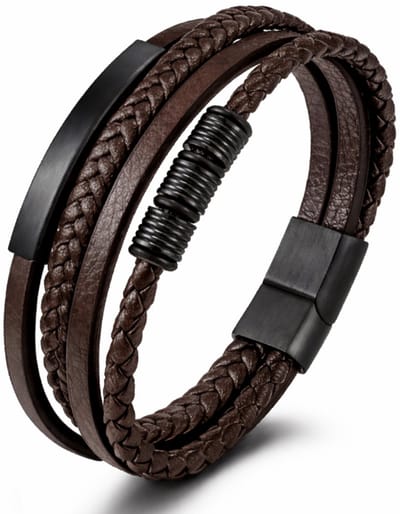 Armband Heren - Bruin Leer met Zwarte Accenten - Dubbel Gevlochten - Leren Armbanden - Papa Cadeau Voor Mannen - Vaderdag