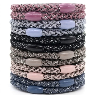 Set van 12 gevlochten haar elastiekjes – sterke elastische haar banden met subtiele glitter – mix van roze grijs blauw – gevlochten haar accessoire voor dames en meisjes