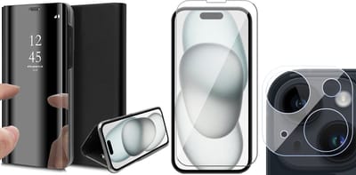 Hoesje geschikt voor iPhone 15 - Screenprotector GlassGuard & Camera Lens Screen Protector - Book Case Spiegel Zwart