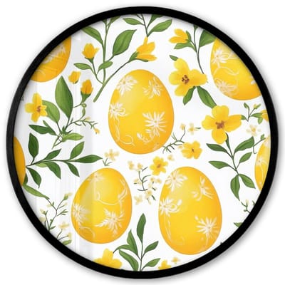 Poster in lijst Rond - Fotolijst 40x40 cm - Posters - Bloemen - Paaseieren - Geel - Ronde posterlijst zwart - Decoratie - Wanddecoratie woonkamer - Muurdecoratie slaapkamer