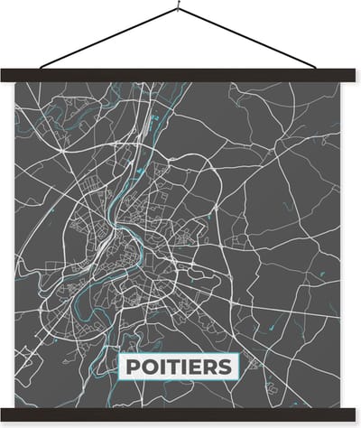 Posterhanger incl. Poster 60x60 cm - Schoolplaat - Frankrijk - Plattegrond - Poitiers - Kaart - Stadskaart - Textielposter - Zwarte latten - Stadskaart