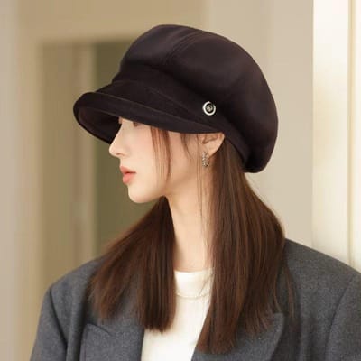 Chapeau Petit Style Britannique Montrant le Visage pour Femmes avec Béret Chaud d'Automne et d'Hiver Chapeau Octogonal Coréen Polyvalent Chapeau de Journal Rétro Décontracté One Size black