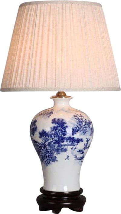 Fine Asianliving Chinese Tafellamp Porselein Wit Blauw Landschap D38xH66cm